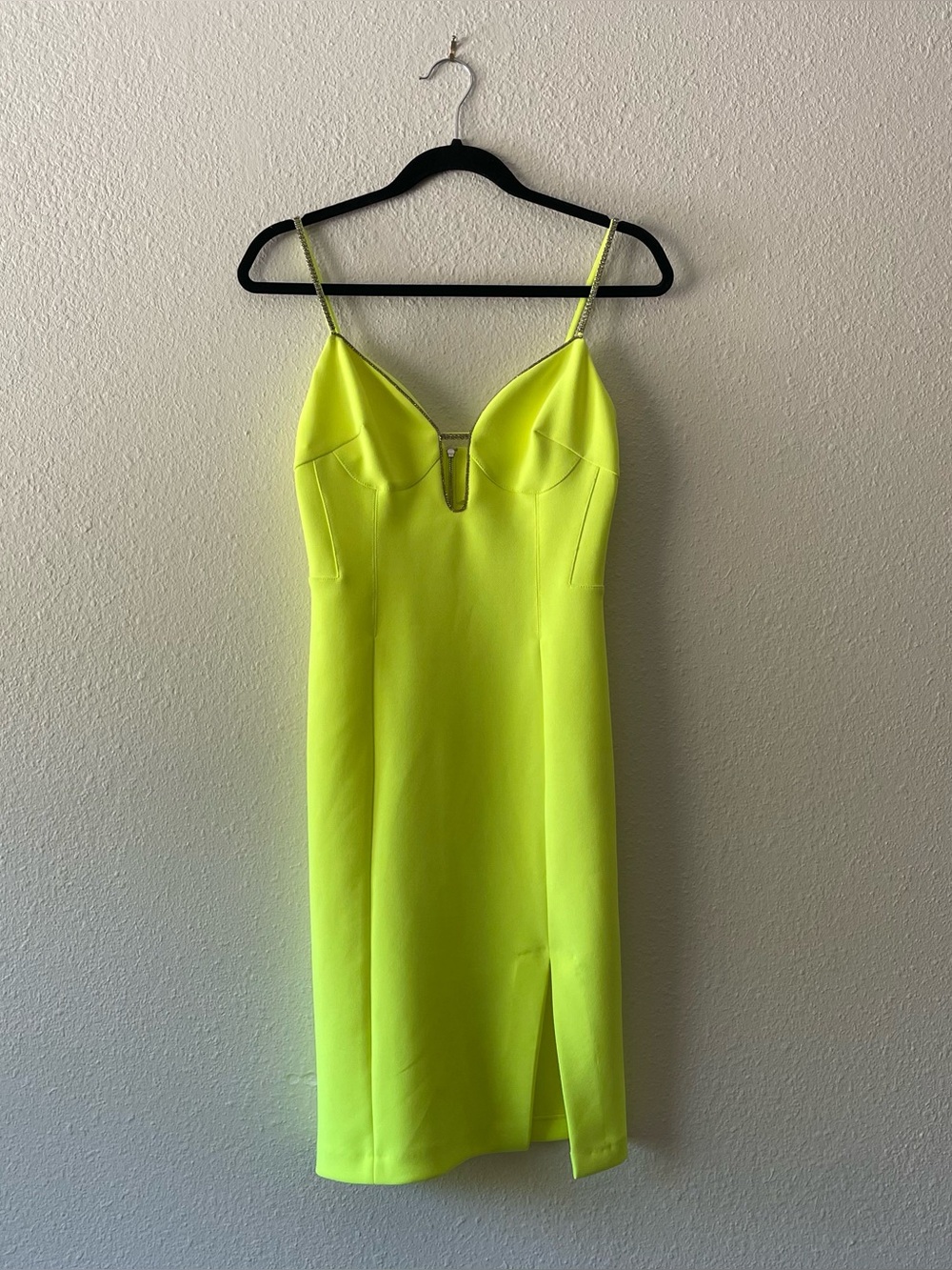 Karen Millen Neon Yellow Statement Rhinestone Strap Bustier Midi Dress US 4